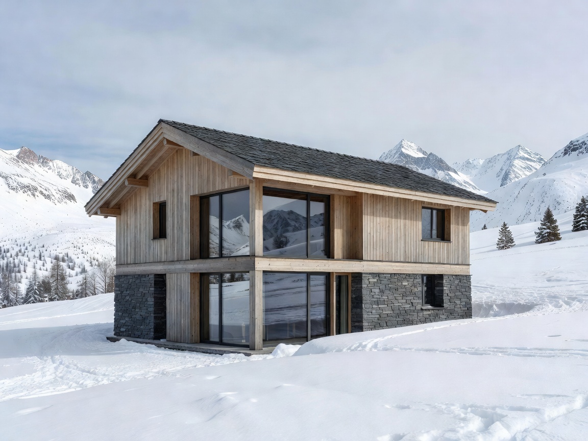 Alpine minimalist wood and slate chalet in Engadin Switzerland