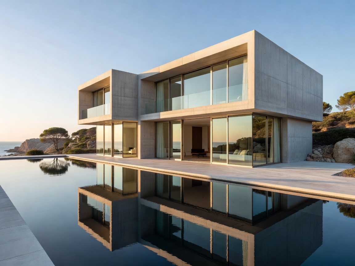 Contemporary concrete and glass villa with reflection pool in Costa Brava Spain