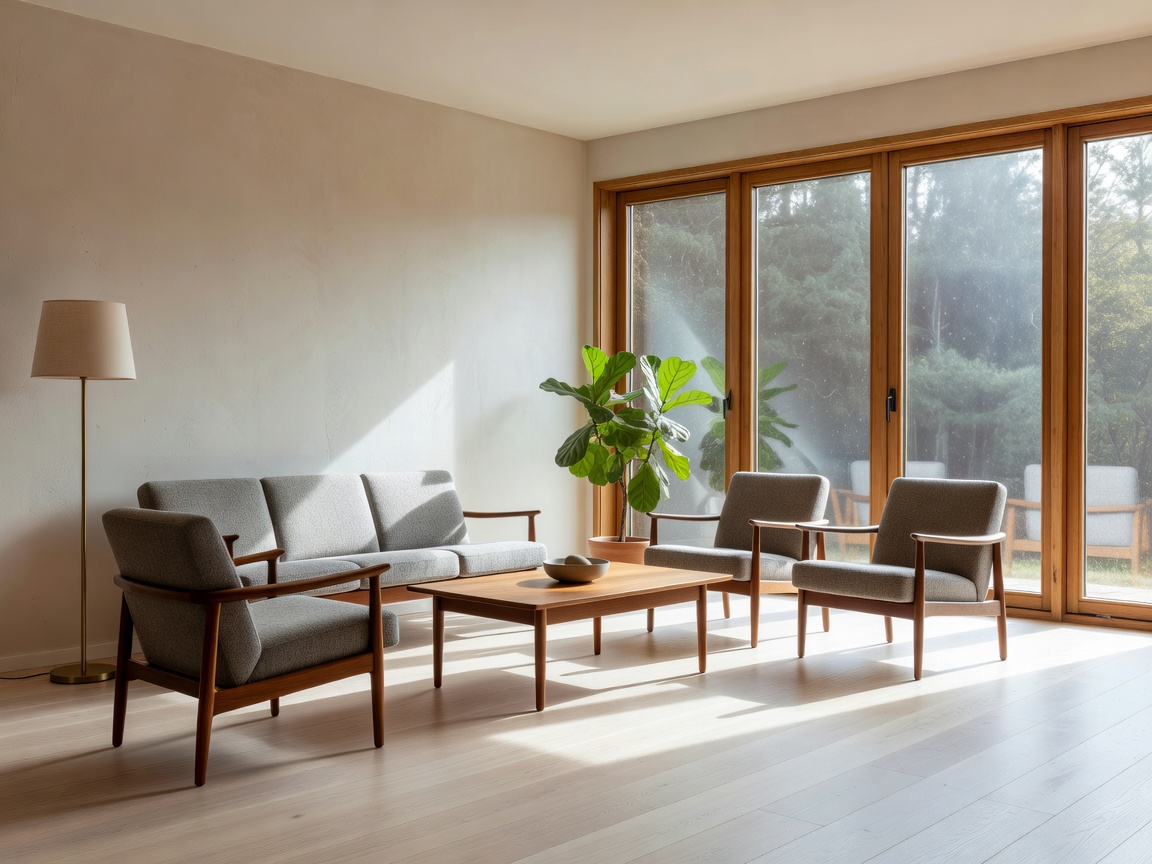 Danish modern living room with natural daylight streaming through large timber windows