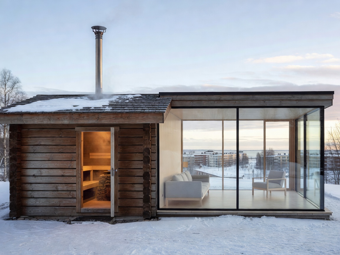 Finnish timber sauna and minimalist relaxation lounge in Helsinki