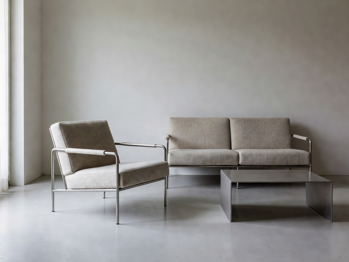 German minimalist living room featuring Bauhaus inspired tubular steel and raw wool