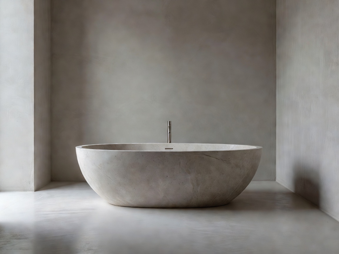 Microcement European minimalist bathroom with freestanding stone tub in Mallorca