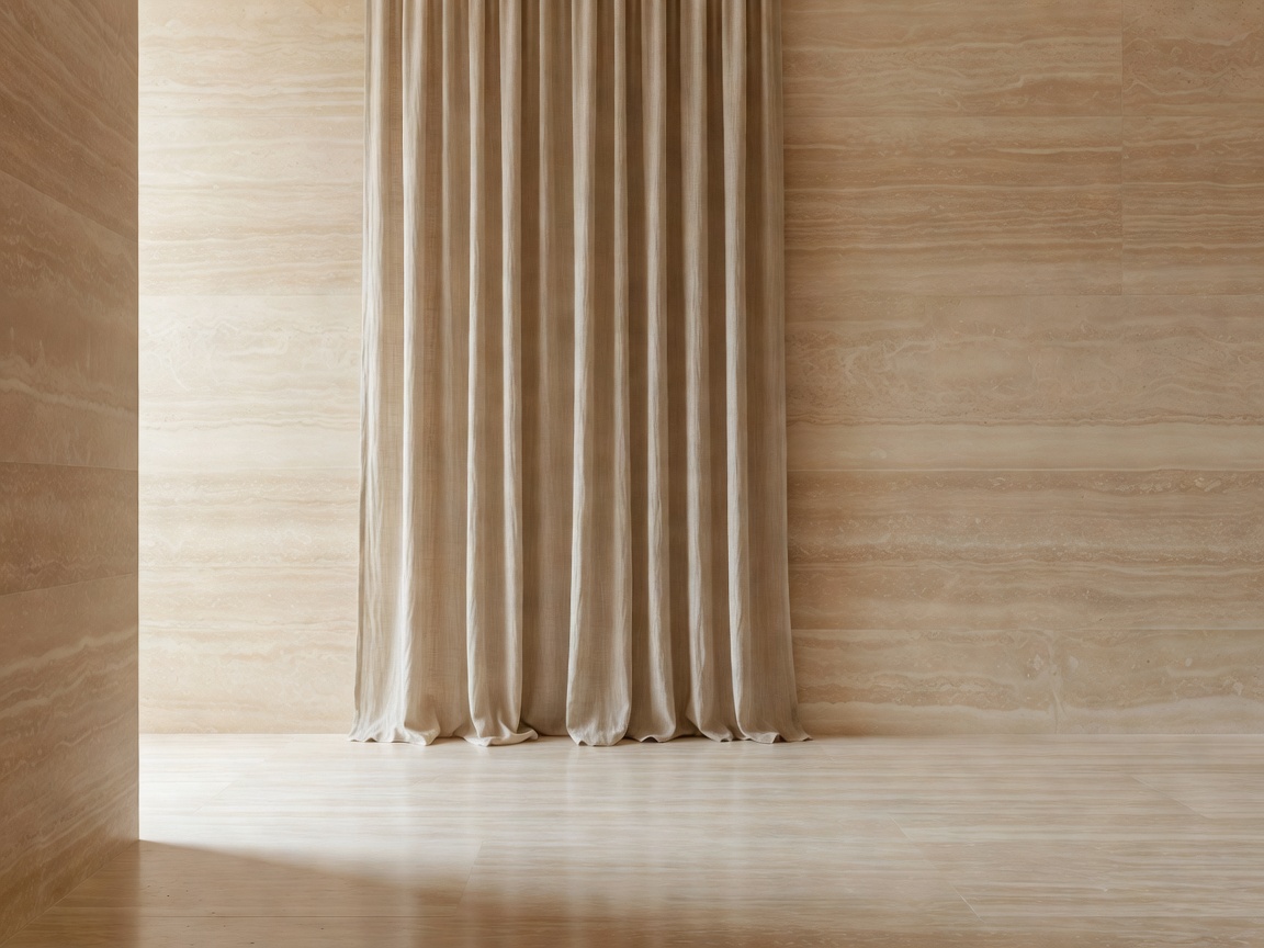 Minimalist interior with warm travertine stone and bespoke linen drapery