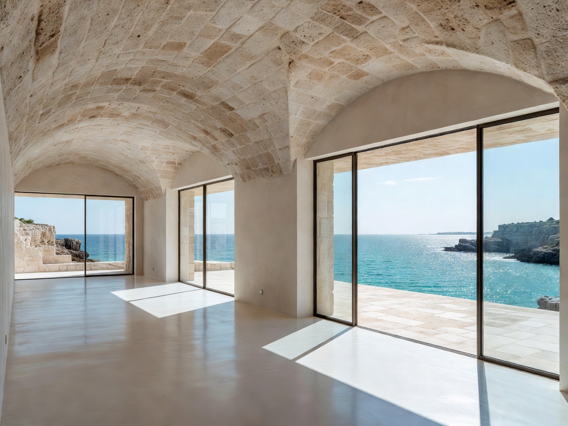 Modernist coastal villa in Puglia with traditional tuff stone vaulted ceilings