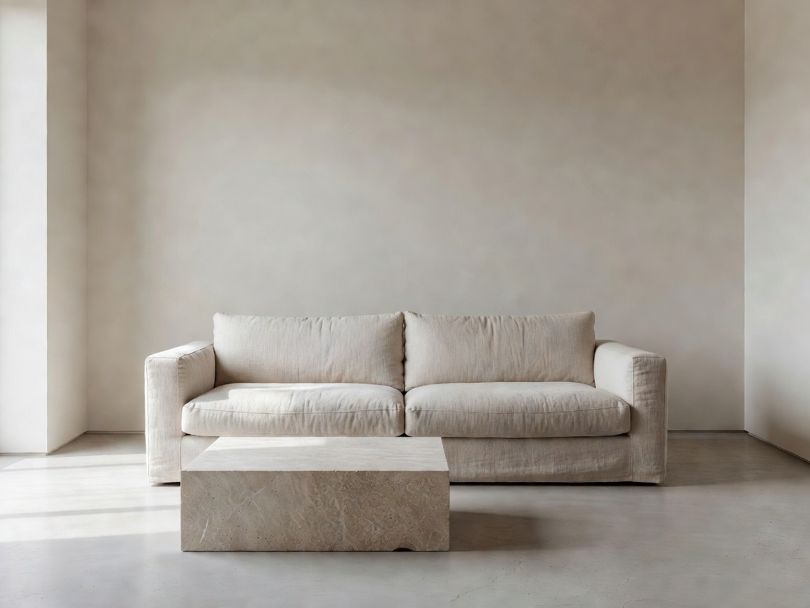 Monochromatic minimalist living room with raw linen sofa and travertine table in Copenhagen