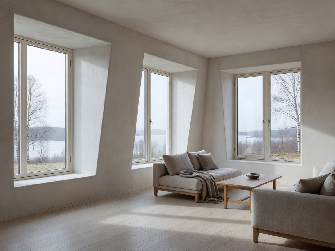 Nordic architectural home interior showing expansive splayed window reveals and limewashed surfaces