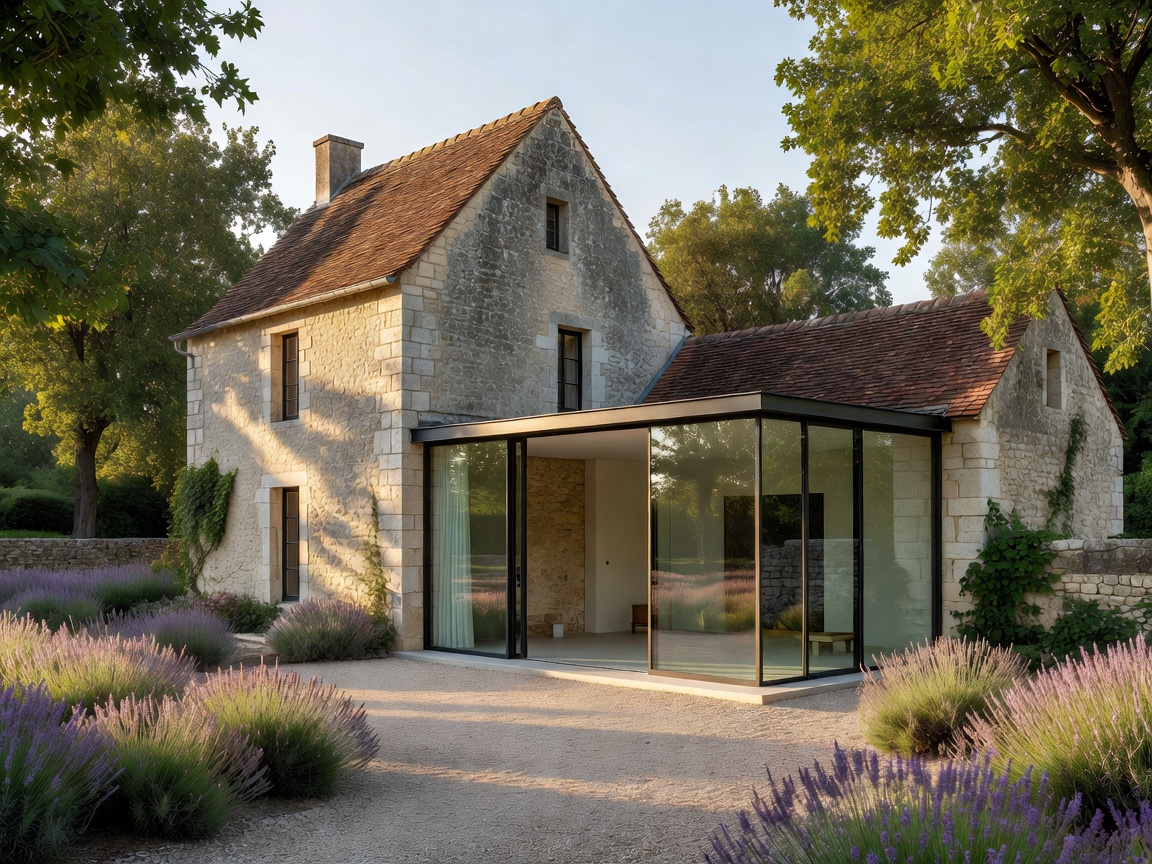 Restored 18th century French country stone estate with modern minimalist glass extension in Provence