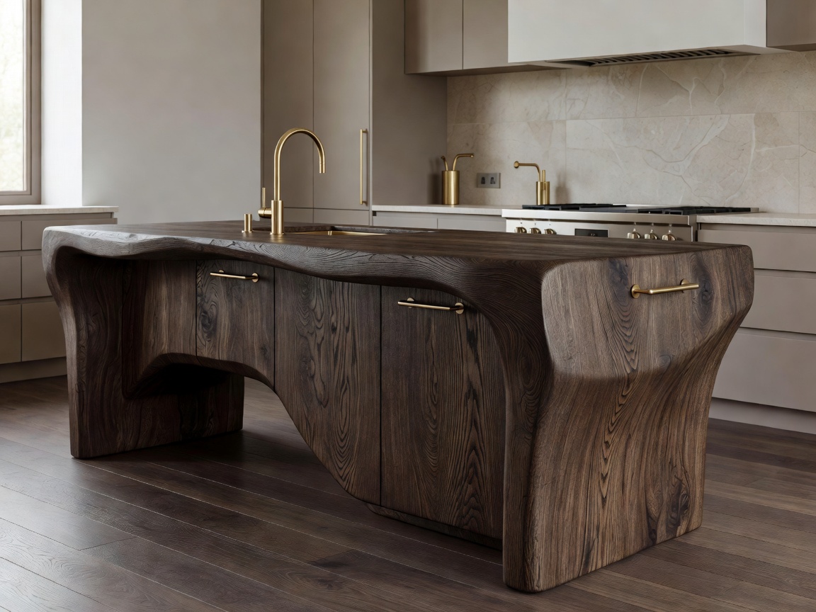 Sculptural dark oak kitchen island with seamless brass fixtures in Bologna