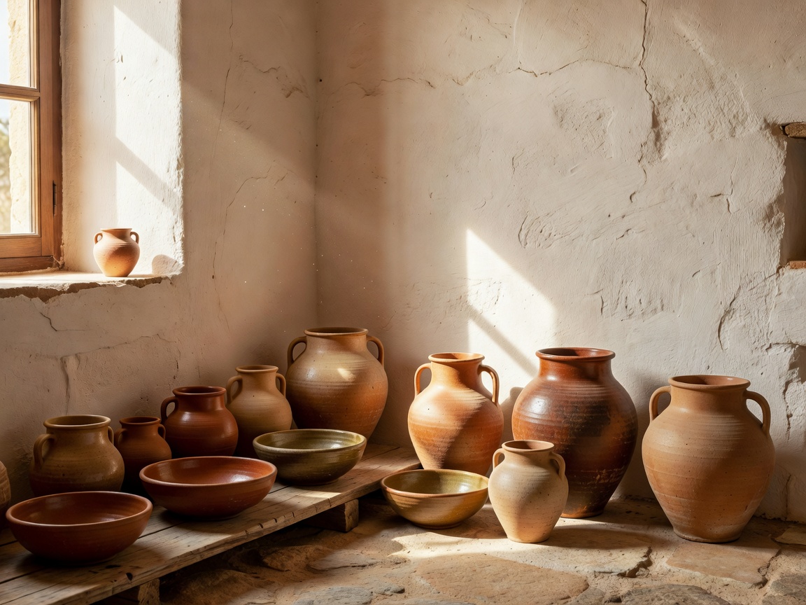Spanish earthen clay pottery and lime plaster walls in Mallorca